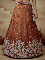 Women's Rust Tissue Moti with Embroidered Lehenga Choli with Dupatta