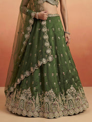 Women's Olive Chinnon Moti with Sequince Embroidered Lehenga Choli with Dupatta