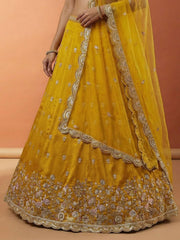 Women's Mustard Chinnon Silk Motif with Sequince Embroidered Lehenga Choli with Dupatta