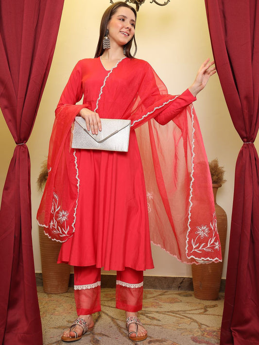 Pink Anarkali Kurta With Trouser & Dupatta Set