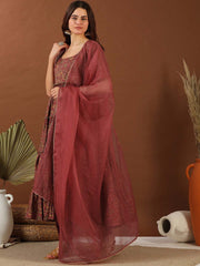 Maroon Floral Printed Tiered Kurta With Trousers & Dupatta