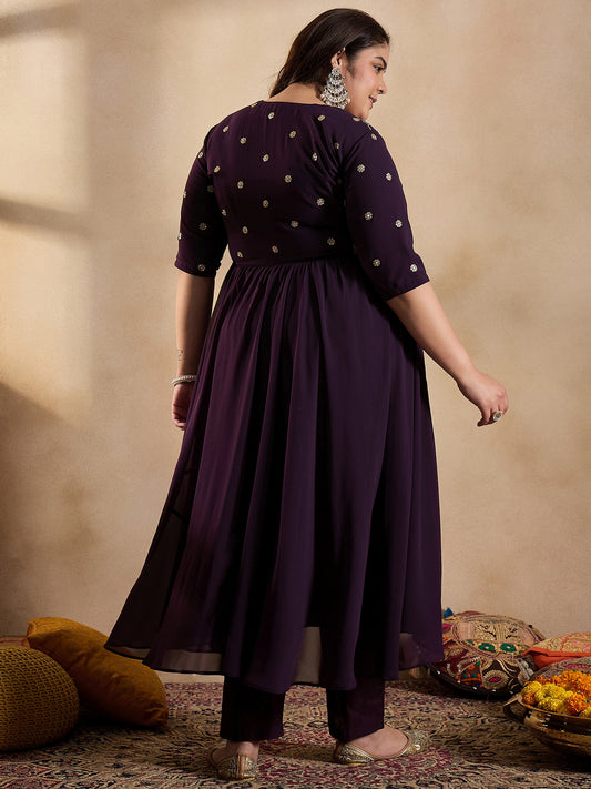 Floral Embroidered Empire Sequinned Georgette Anarkali Kurta with Trousers