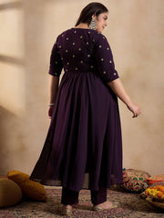 Floral Embroidered Empire Sequinned Georgette Anarkali Kurta with Trousers