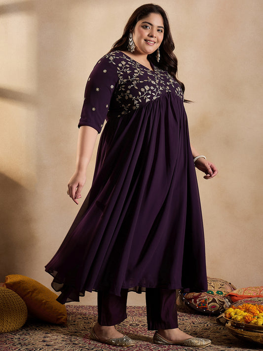 Floral Embroidered Empire Sequinned Georgette Anarkali Kurta with Trousers