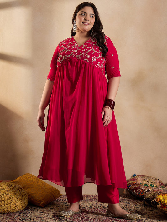 Floral Embroidered Empire Sequinned Georgette Anarkali Kurta with Trousers