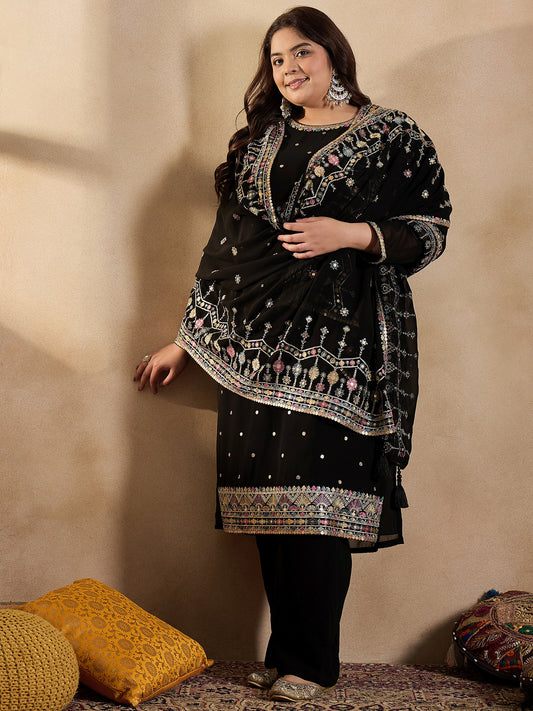 Ethnic Motifs Embroidered Thread Work Georgette Kurta with Palazzo & Dupatta