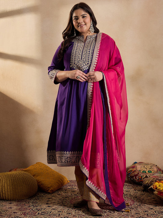 Floral Embroidered Zari Georgette Kurta with Trousers & Dupatta