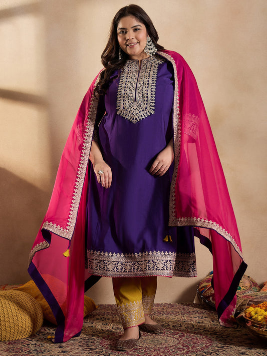 Floral Embroidered Zari Georgette Kurta with Trousers & Dupatta