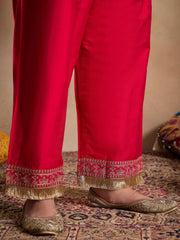 Tie-Up Neck Ethnic Motifs Embroidered Straight Kurta with Trouser & Dupatta