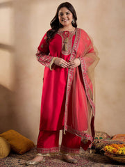 Tie-Up Neck Ethnic Motifs Embroidered Straight Kurta with Trouser & Dupatta