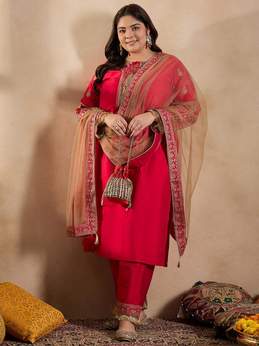 Tie-Up Neck Ethnic Motifs Embroidered Straight Kurta with Trouser & Dupatta