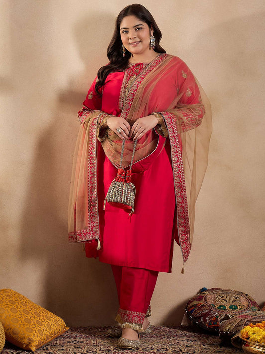 Tie-Up Neck Ethnic Motifs Embroidered Straight Kurta with Trouser & Dupatta