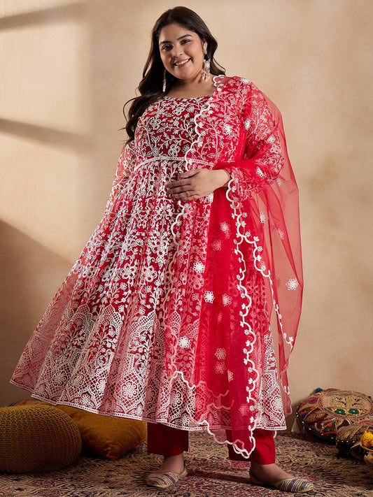 Floral Embroidered Thread Work Anarkali Net Kurta with Trousers & Dupatta