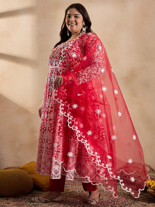 Floral Embroidered Thread Work Anarkali Net Kurta with Trousers & Dupatta