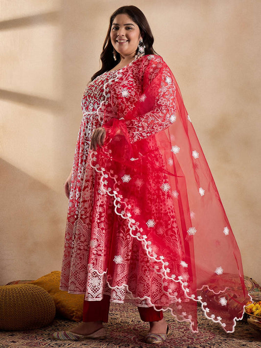Floral Embroidered Thread Work Anarkali Net Kurta with Trousers & Dupatta