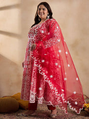Floral Embroidered Thread Work Anarkali Net Kurta with Trousers & Dupatta