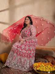 Floral Embroidered Thread Work Anarkali Net Kurta with Trousers & Dupatta