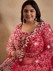 Floral Embroidered Thread Work Anarkali Net Kurta with Trousers & Dupatta