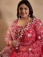 Floral Embroidered Thread Work Anarkali Net Kurta with Trousers & Dupatta