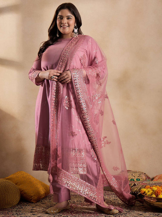 Floral Embroidered Sequinned Straight Kurta with Trouser & Dupatta
