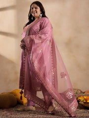 Floral Embroidered Sequinned Straight Kurta with Trouser & Dupatta