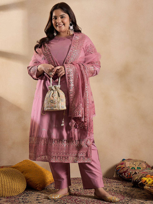 Floral Embroidered Sequinned Straight Kurta with Trouser & Dupatta