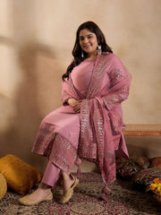 Floral Embroidered Sequinned Straight Kurta with Trouser & Dupatta