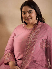 Floral Embroidered Sequinned Straight Kurta with Trouser & Dupatta