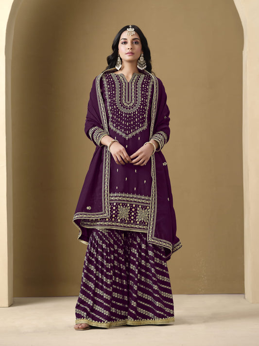 Purple Embroidered Art Silk Gharara Style Suit