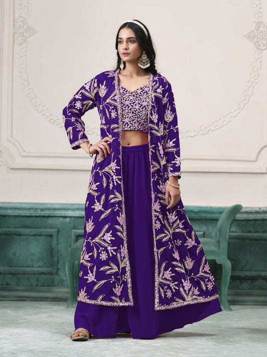 Purple Embroidered Jacket Style Sharara Suit