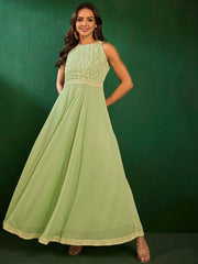 Green Embroidered Maxi Ethnic Dresses