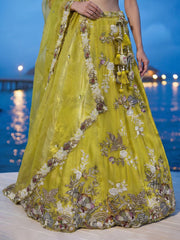 Women's Yellow Tissue Woolen Embroidered Lehenga Choli with Dupatta