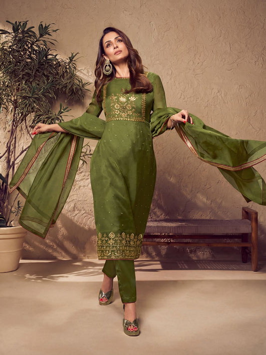 Mehndi Green Zari and Mukaish Embroidered Yoke Design Stright Kurta Set