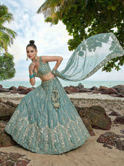 Women's Turquoise Chiffon Beads with Embroidered Lehenga Choli with Dupatta