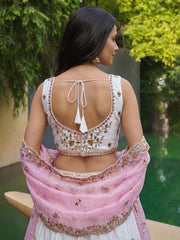 Women's Cream-Pink Organza Zarkan, Multi-Color Thread, Golden Sequin Embroidered Lehenga Choli with Dupatta