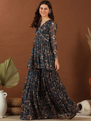 Navy Blue Floral Printed Pleated Gotta Patti Kurti With Sharara