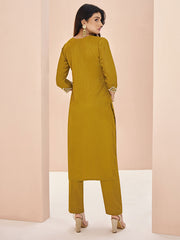 Attractive Mustard Yellow Embroidered Chinon Casual Wear Pant Suit