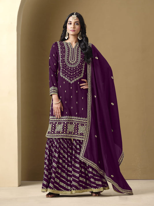 Purple Embroidered Art Silk Gharara Style Suit