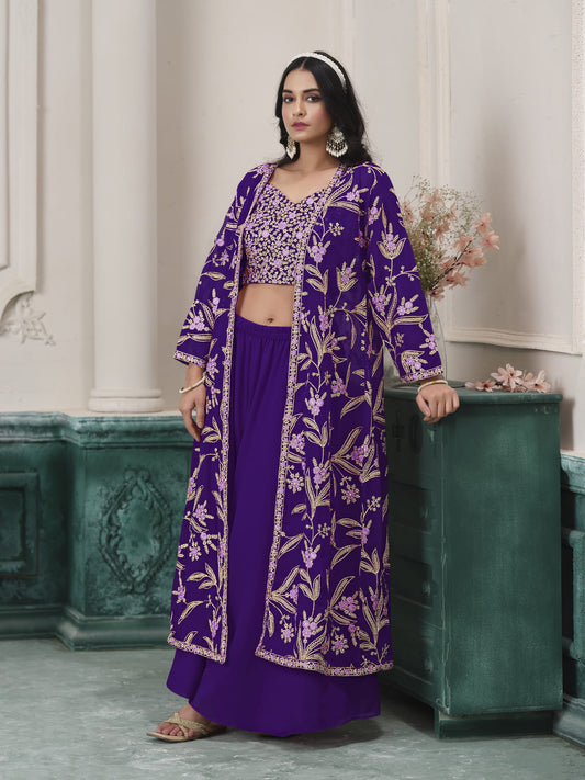 Purple Embroidered Jacket Style Sharara Suit