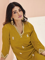 Attractive Mustard Yellow Embroidered Chinon Casual Wear Pant Suit