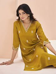 Attractive Mustard Yellow Embroidered Chinon Casual Wear Pant Suit