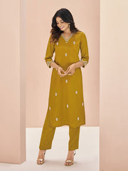Attractive Mustard Yellow Embroidered Chinon Casual Wear Pant Suit