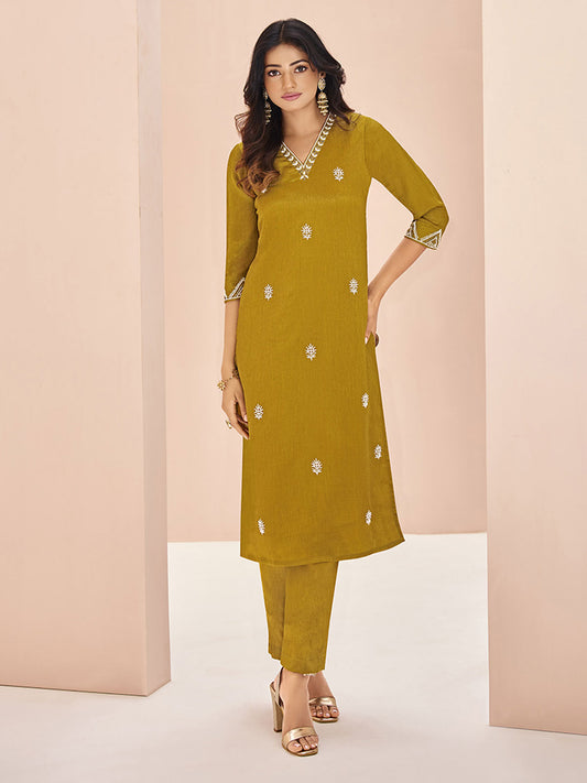 Attractive Mustard Yellow Embroidered Chinon Casual Wear Pant Suit