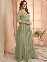 Green Sequins and Embroidered Tiered Maxi Dress