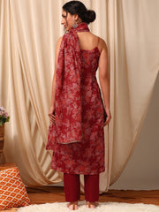 Women Maroon Floral Printed Regular Kurta with Trousers & With Dupatta