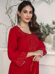 Amyra Dastur Red Floral Regular Thread Work Pure Silk Straight Kurta with Trousers & Dupatta