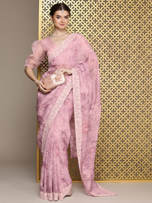 Pink Embroidered Organza Saree
