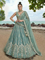 Women's Turquoise Chiffon Beads with Embroidered Lehenga Choli with Dupatta