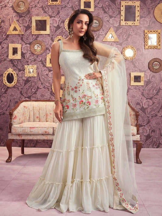 Women Floral Embroidered Regular Sequinned Kurti with Sharara & With Dupatta