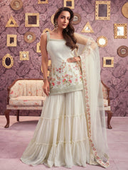 Women Floral Embroidered Regular Sequinned Kurti with Sharara & With Dupatta
